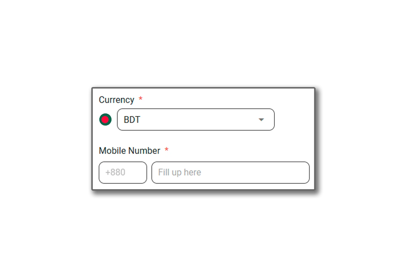 Enter mobile phone and currency